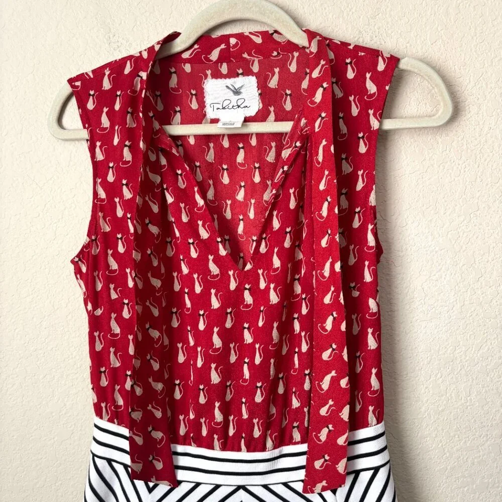 Anthropologie Tabitha Cat Gatto Printed Novelty Dress Striped Tie Neck HTF Rare - Picture 4 of 15
